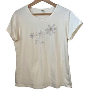 Hawaii Floral Rhinestone Stud Baby Tee Size 2X Ivory Short Sleeve Shirt USA Made